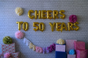 CHEERS Birthday, Anniversary Decor with Foil Balloons, Pom Poms and Tassels - Options: 16th, 18th, 20th, 30th, 40th, 50th, 50th, 60th, 70th, 80th , 90th and 100th Milestones