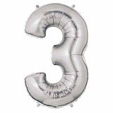 40" Large Foil Number Balloons- Silver (Digit 3) - Funzoop