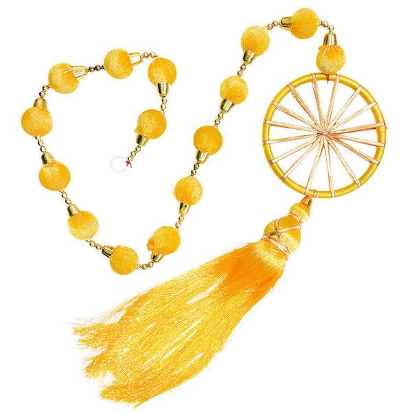 Yellow Diwali door hanging with a gota-style ring, gold spokes, wrapped decorative balls, small gold beads and a long tassel.