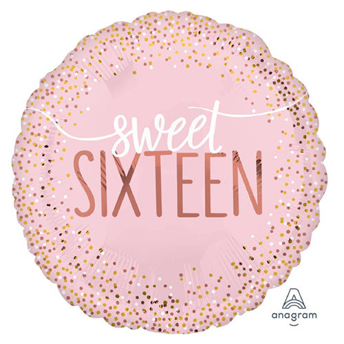 16th Birthday Foil Balloon, Blush, 18 Inch shown as a product reference for birthday celebrations, with its themed design visible.