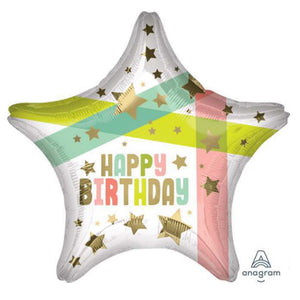 18" HAPPY BIRTHDAY GOLD STARS FOIL BALLOON - ANAGRAM [HELIUM INFLATED] - FUNZOOP
