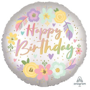 18" Happy Birthday Satin Flowers - Anagram [ Helium Inflated] - FUNZOOP