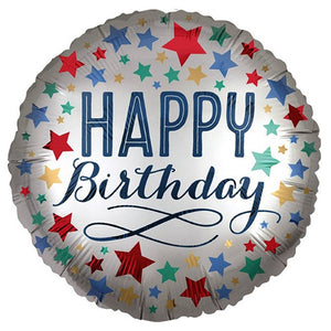 18" Happy Birthday Satin Stars Foil Balloon - Helium Inflated - FUNZOOP