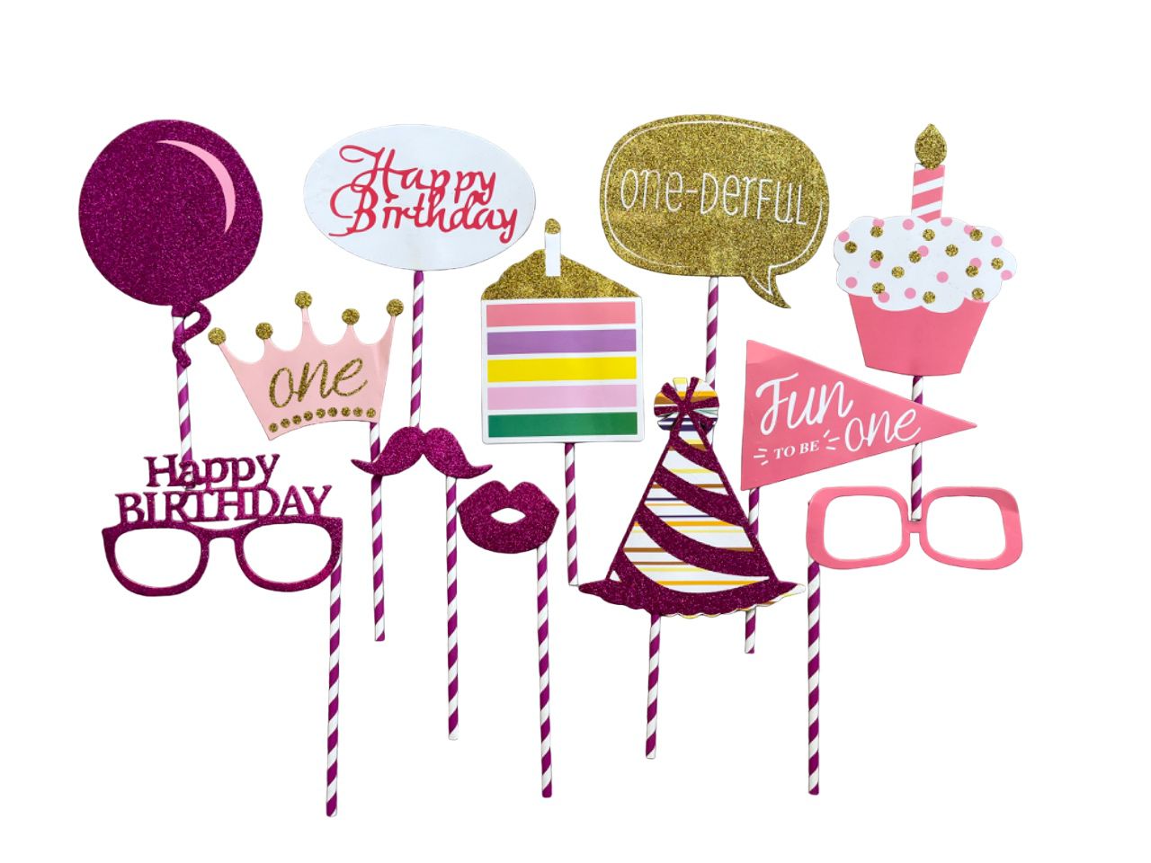 1stBirthdayGlitterPhotoBoothPropsSet-Pink-funzoop-thepartyshop