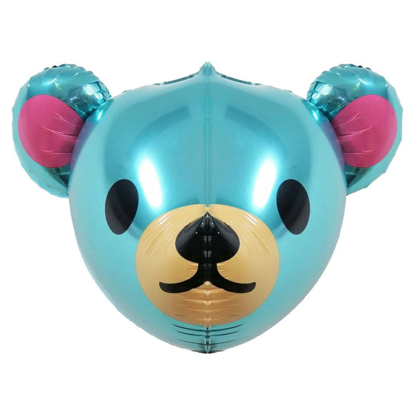 4D teal blue teddy bear head foil balloon with pink ears and beige muzzle for kids birthday party decoration from Funzoop
