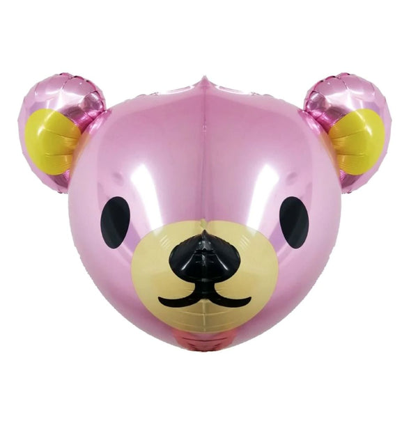 Pink dimensional teddy bear head foil balloon with its matching face design shown as a product reference for character birthdays and playful family celebrations and a coordinated party display.