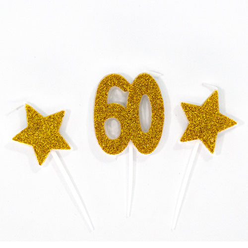 60th Birthday Star Wax Number Cake Candle, Gold