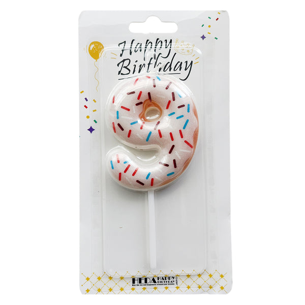 Donut Print Wax Number Cake Candle, Digits 0-9, 9 / White / 9 / Pink / 9 / Blue