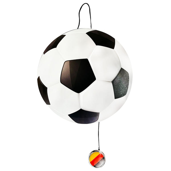 Black and white soccer theme party piñata with tissue fringe finish