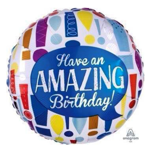Anagram Amazing Birthday foil balloon showing the printed birthday design as a decorative accent for a celebration.