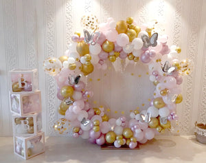 Baby Girl Arrival Butterflies Balloons Arch with BABY boxes decor