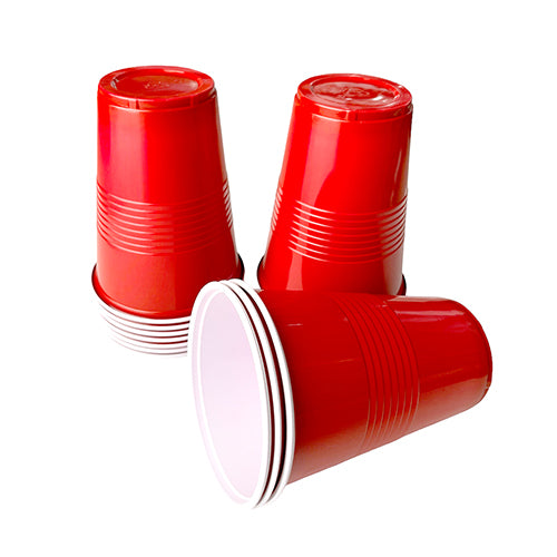 Beer pong party cups, presented as the cup component for a table game at a social gathering or themed party.