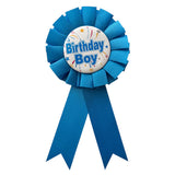 Blue ribbon style Birthday Boy badge accessory for party wear from Funzoop The Party Shop
