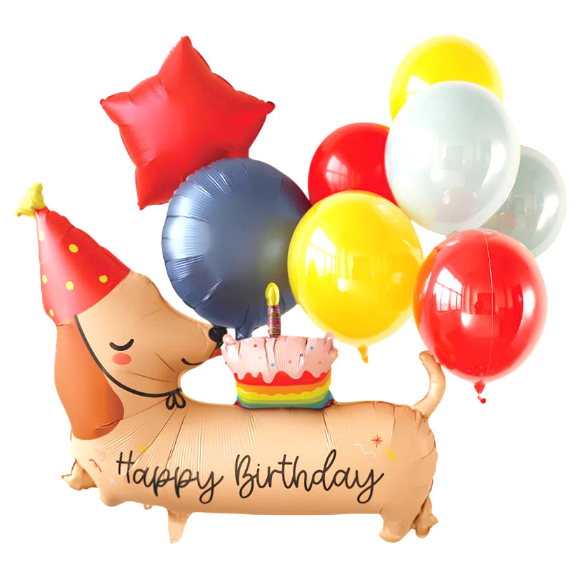 Birthday dachshund dog foil balloon set with balloons and cake