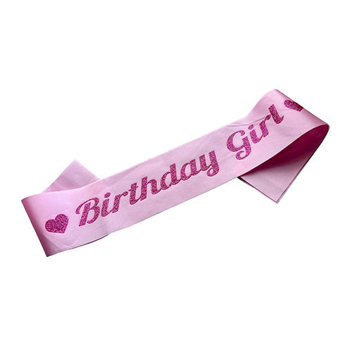 Birthday Girl glitter sash showing the decorated celebration message across the sash for wearing with a birthday outfit.