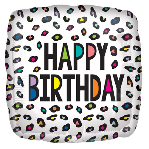 Birthday Rainbow Leopard Foil Balloon shown as a product reference for birthday celebrations, with its themed design visible.