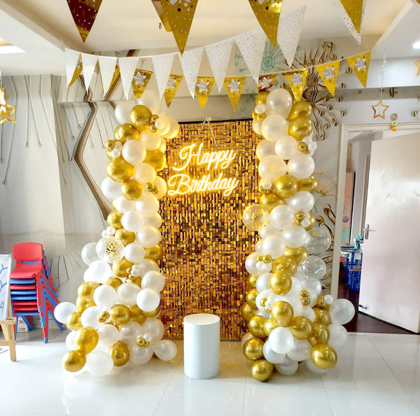 Gold & White Birthday Sequin Backdrop Decor