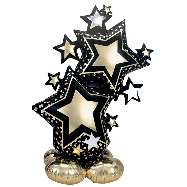 Black Stars Foil Balloon Cluster, 3 in 1 shown for a themed celebration table and party photo display