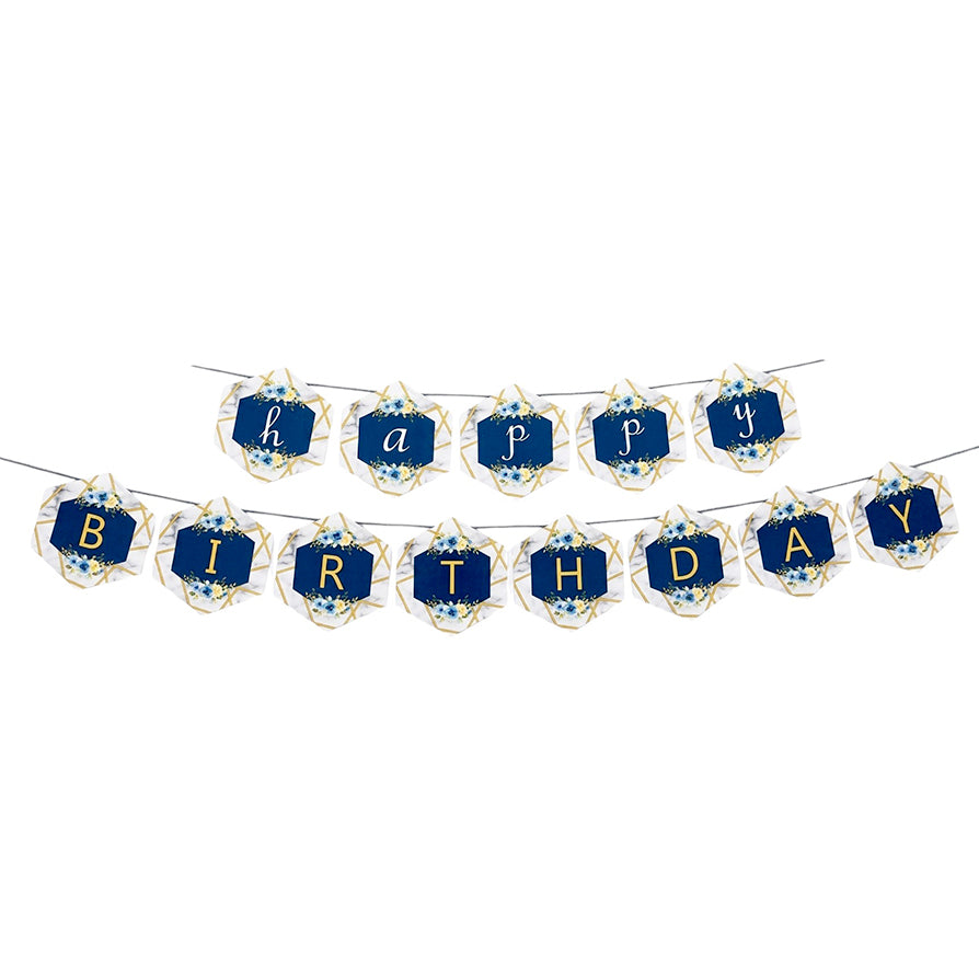 Blue floral Happy Birthday paper banner for birthday wall decoration