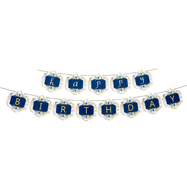Blue floral Happy Birthday paper banner for birthday wall decoration
