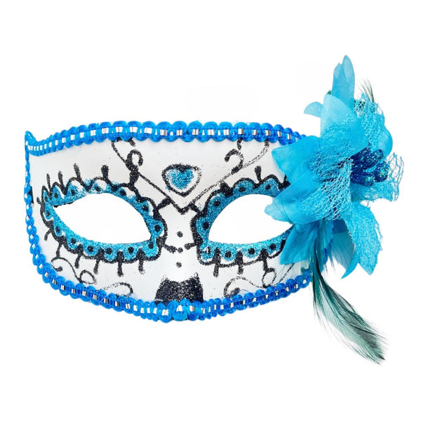 Blue floral party eye mask with decorative flower design for masquerade celebrations by Funzoop