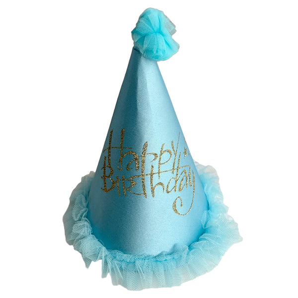 Blue satin cone party cap with decorative birthday styling, showing a fabric headwear option from the assorted-colour single-piece listing.
