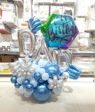 Blue and silver DAD balloon centrepiece with Happy Birthday foil and balloon flowers
