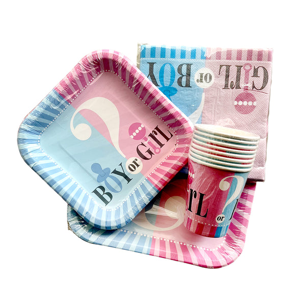 Boy or Girl paper disposables set pictured with pink and blue plates, cups and napkins featuring coordinated lettering for a baby celebration.