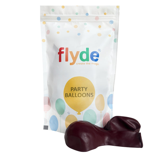 Burgundy latex balloon product packaging, showing the twelve-inch party colour range; the exact metallic pearl or crystal finish needs confirmation.