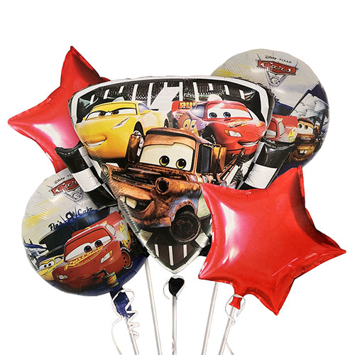 Cars theme racing birthday balloon bouquet with cartoon car themed foil balloons from Funzoop The Party Shop