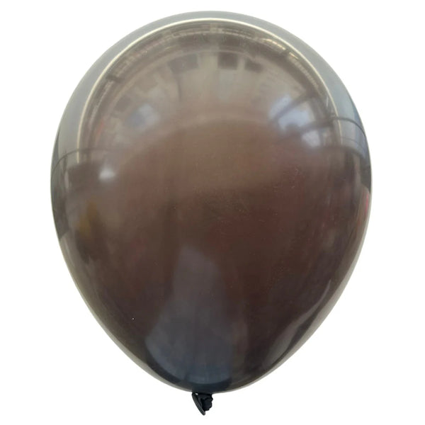 Product view of chocolate brown latex balloons, showing the listed colour and finish for twelve-inch party backdrop groups and celebration decorations.