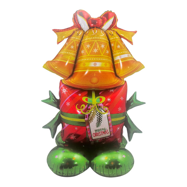 Gold bell designs with a red bow above a red gift box, Merry Christmas tag and green balloon base.