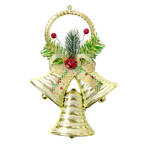 Large golden Christmas bell hanging ornament for tree and door decoration, festive holiday décor, 1 piece.