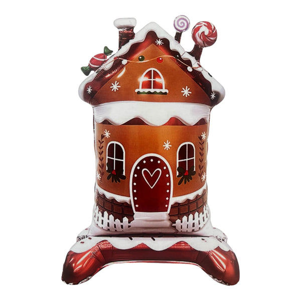 Brown gingerbread house balloon decorated with white icing, candy graphics, a heart-shaped door detail and a red-and-white inflated base.