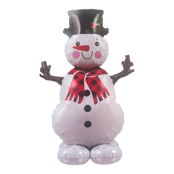 Smiling white snowman balloon with a black holly-trimmed top hat, red checked scarf, twig arms and three black buttons.