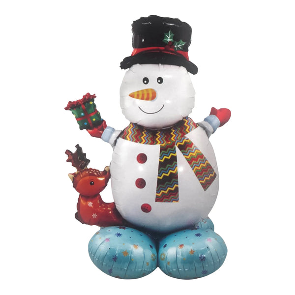 White snowman balloon with a colourful zigzag scarf, black hat and raised gift, accompanied by a reindeer above blue base sections.