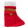 Fabric Christmas stocking with a traditional stocking shape for displaying small wrapped gifts beside separately selected holiday decorations.