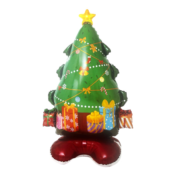 Green Christmas tree balloon with a gold star, printed presents and festive decorations above a red inflated base.