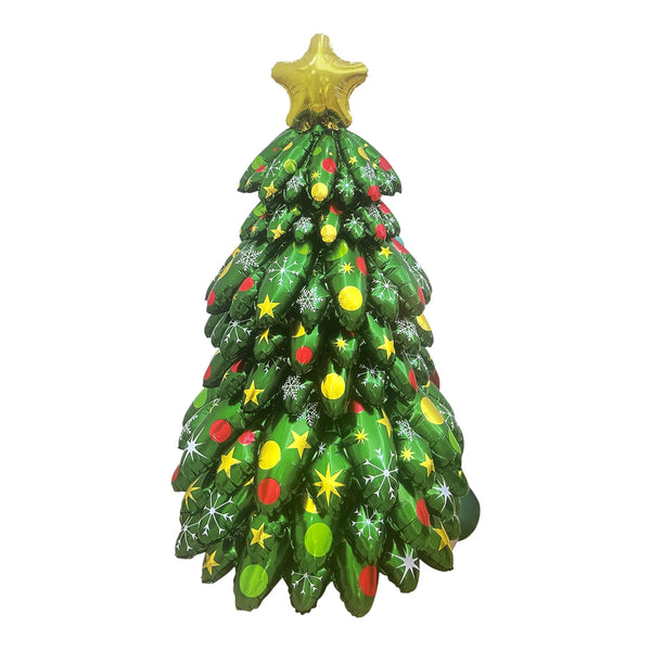 Green tree-shaped balloon with layered branch outlines, a gold star topper, colourful printed baubles and white snowflake patterns.