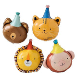 Set of 4 cute animal face foil balloons featuring bear, tiger, lion and monkey designs for kids birthday party decoration from Funzoop
