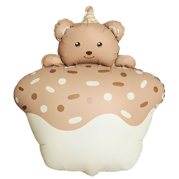 Cute teddy bear cupcake shaped foil balloon in cream and pastel brown for kids birthday party decoration from Funzoop