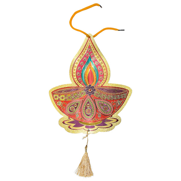 Colourful diya-shaped Diwali wall hanging with paisley patterns, a decorative flame, gold edging, hanging cord and a gold tassel.