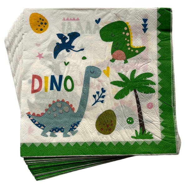 Folded dinosaur paper party napkins showing playful green dinosaurs, small colourful details and a green border for a child's birthday table.