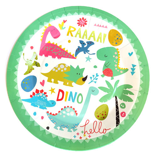 Dinosaur paper party plate featuring playful green dinosaurs, leaves, small colourful details and a green border for a child's themed celebration.