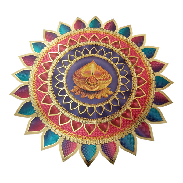 Diya floral rangoli decoration with purple and pink concentric petals, teal accents and gold detailing for Diwali celebrations.