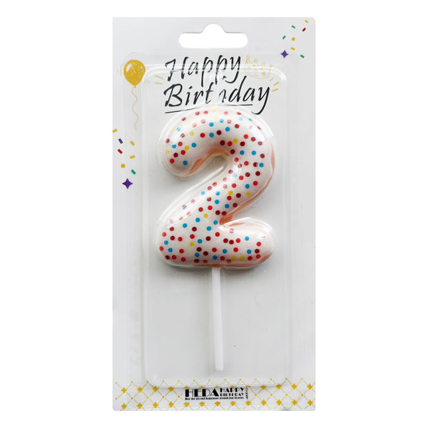 Donut-print number 2 cake candles in White, Pink and Blue