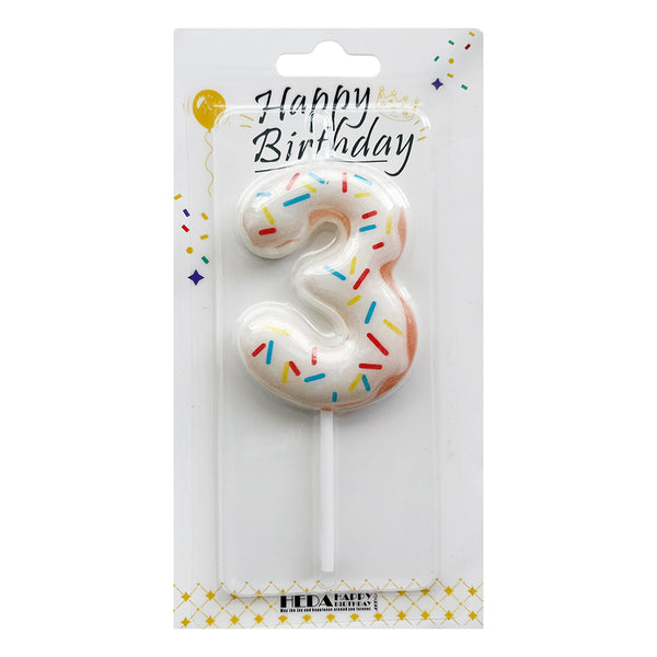 Donut-print number 3 cake candles in White, Pink and Blue