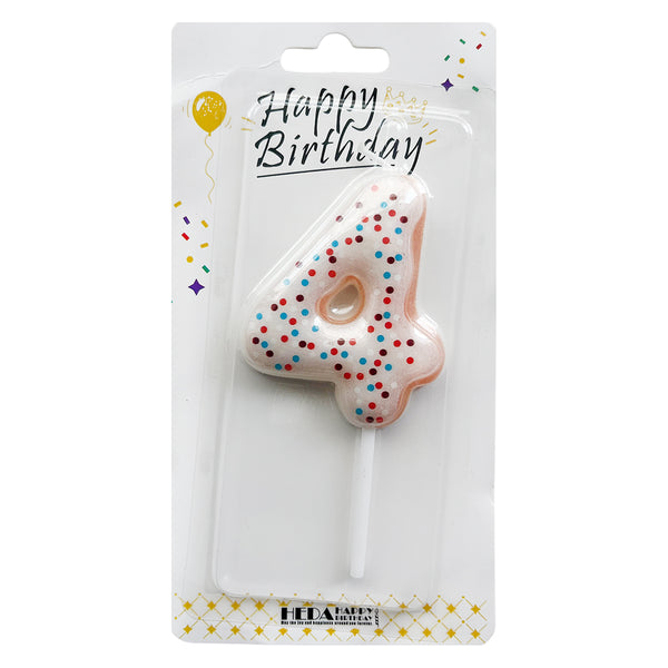 Donut-print number 4 cake candles in White, Pink and Blue