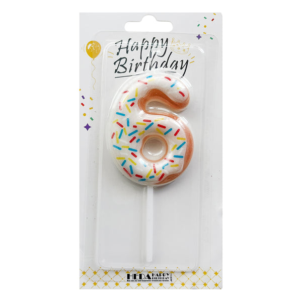 Donut-print number 6 cake candles in White, Pink and Blue