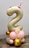 Floral and pearl embellished number balloon arrangement in pastel pink and gold done by Funzoop Party Store